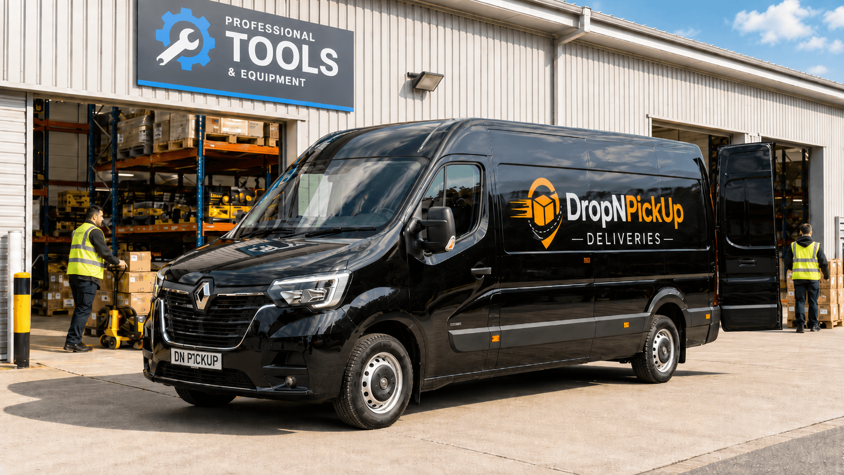 A branded DropNPickUp delivery van loading at a professional tools and equipment trade depot