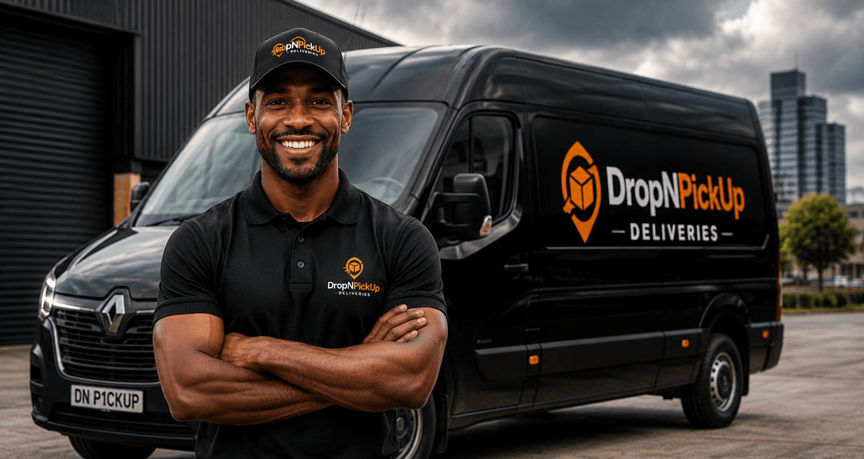 A smiling DropNPickUp driver standing in front of a branded delivery van