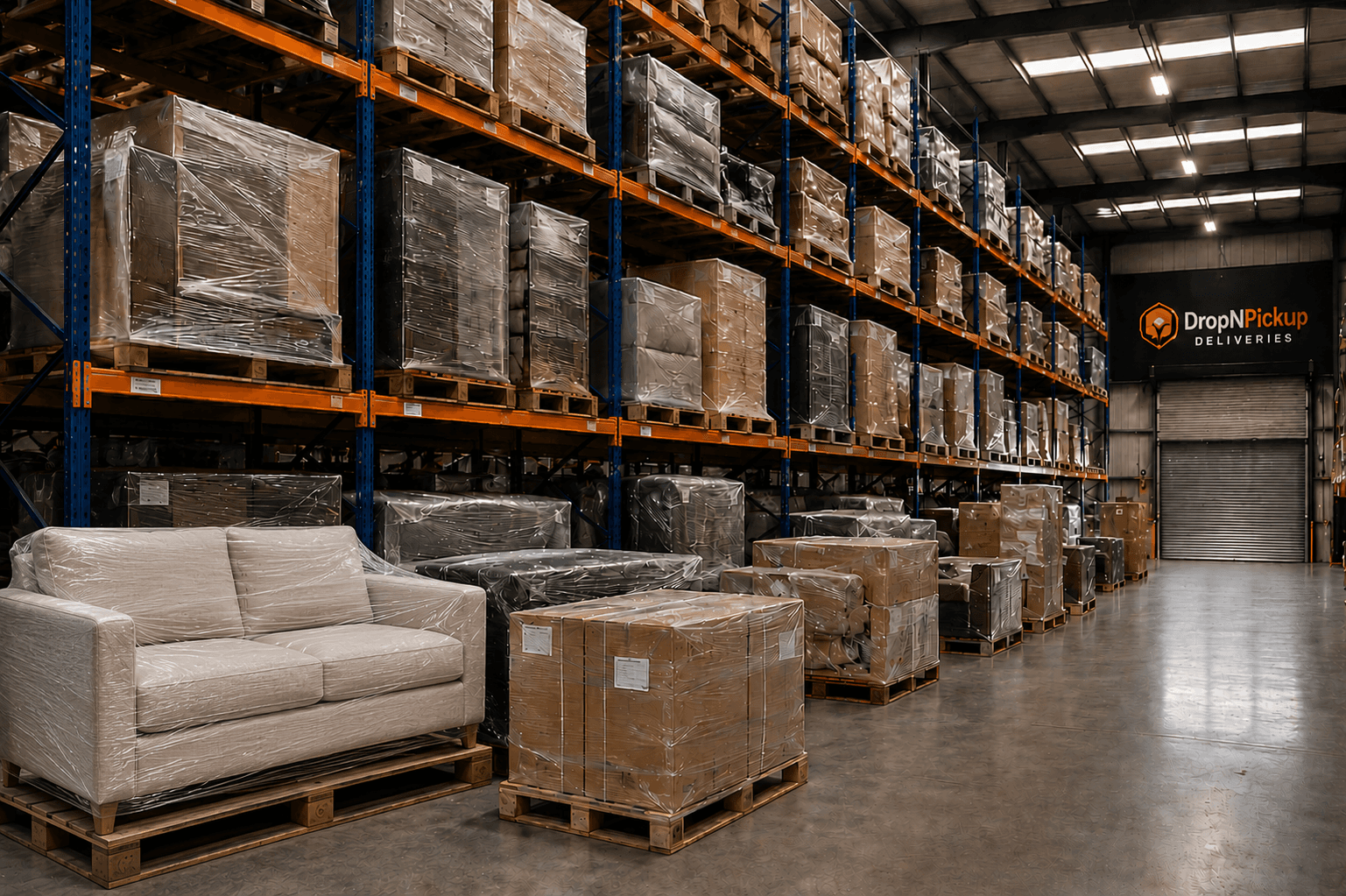 A DropNPickUp furniture-fulfilment warehouse — shrink-wrapped sofas and pallets on racking beside a branded loading dock
